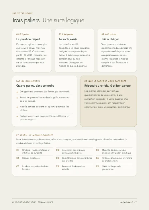 Page de lecture du score en trois paliers